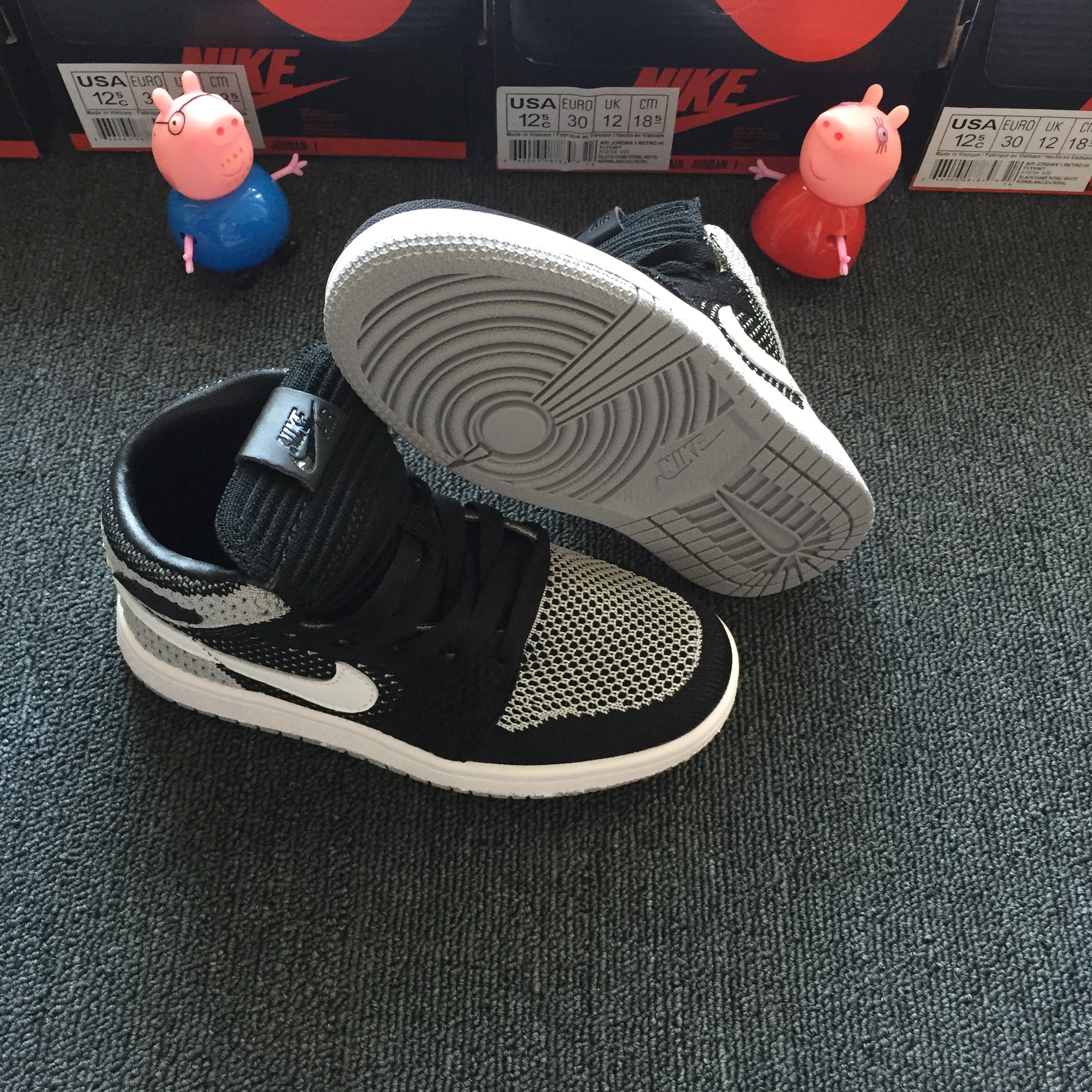 Kids Air Jordan 1 Flyknit Black Grey White Shoes - Click Image to Close